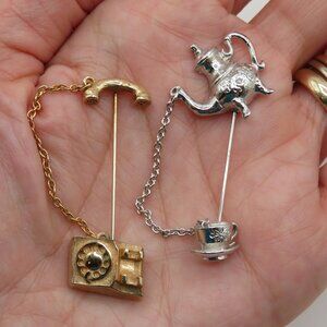 Vintage Avon Stick Pins Gold Tone Rotary Telephone Silver Tone Tea Pot and Cup